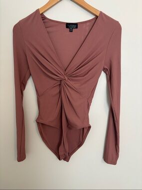 Topshop Dusty Rose Twist-Front Long Sleeve Bodysuit